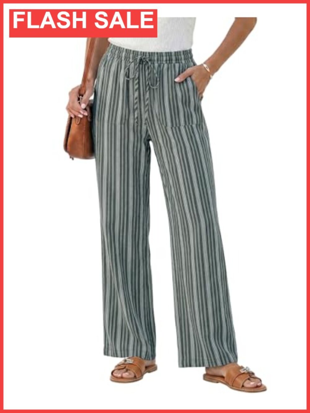 Linen Blend Wide Leg Striped High Waist Pull On Casual Pants